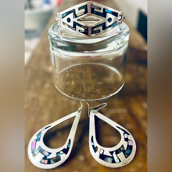 Taxco, Mexico Vintage Earring & Bracelet Set. Sterling Silver 925 with Abalone. - Picture 3 of 9